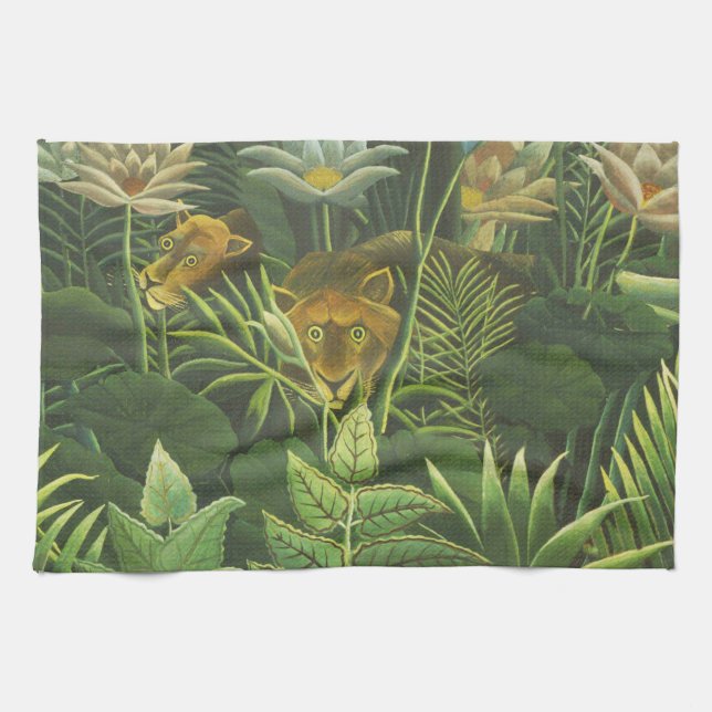 Paño De Cocina Pintura de león de la selva tropical de Rousseau (Horizontal)