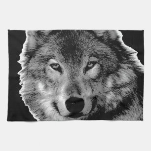 Paño De Cocina Pintura de Lobo Blanco y Negro
