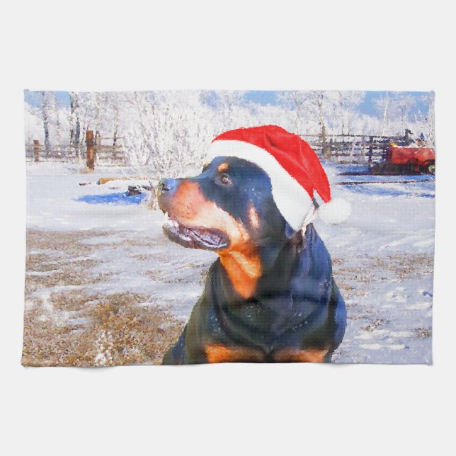 Paño De Cocina Pintura de Navidades de perro de Rottweiler (Horizontal)