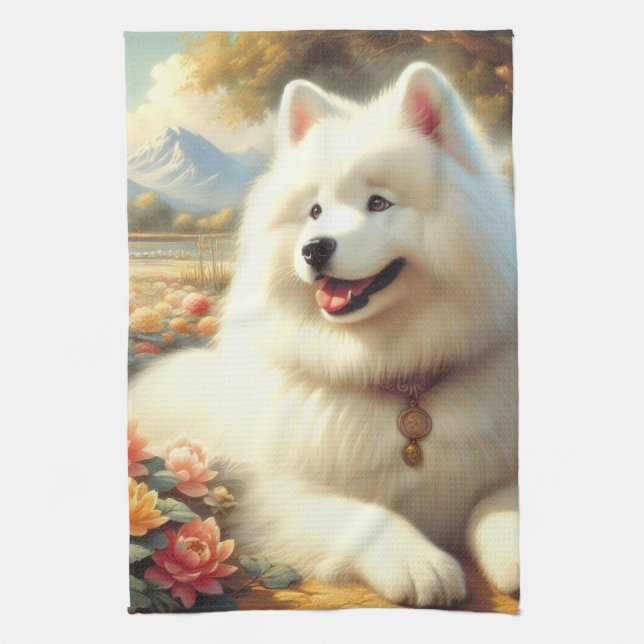 Paño De Cocina Pintura de perro de Samoyed de época (Vertical)