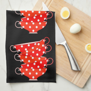 Paño De Cocina Pintura de punto Polka de época teacup rojo y blan