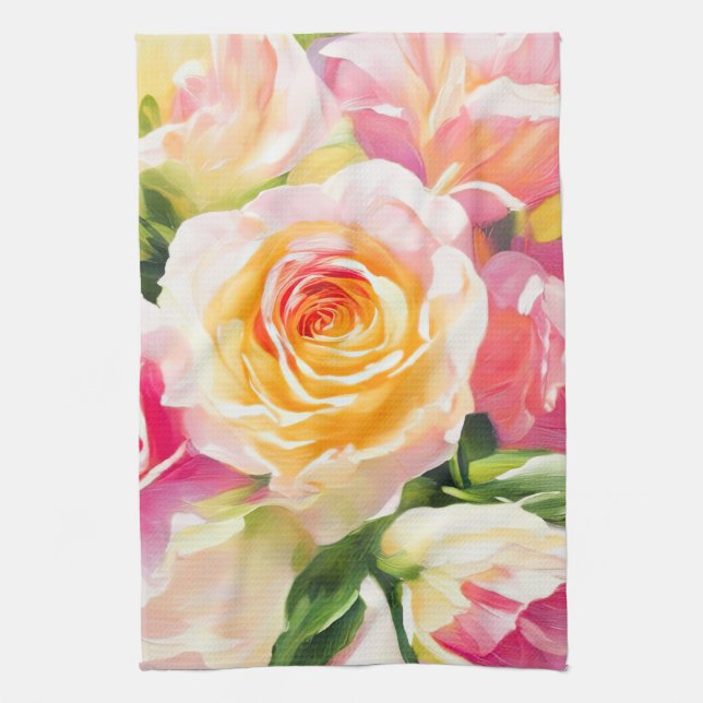 Paño De Cocina Pintura de rosas amarillas y rosas (Vertical)