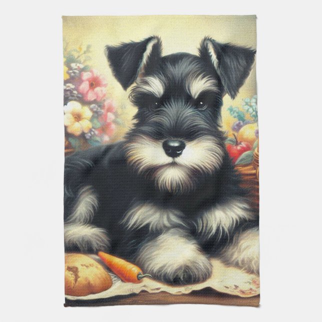 Paño De Cocina Pintura de Schnauzer de época (Vertical)