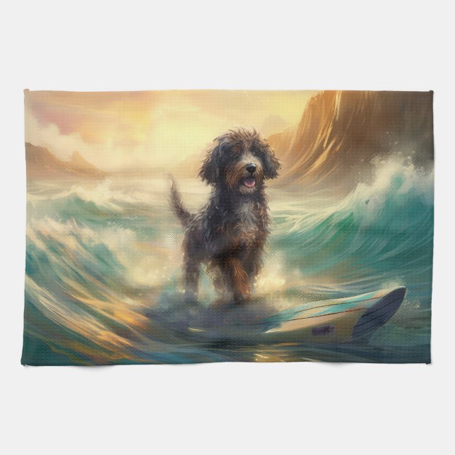 Paño De Cocina Pintura de surf de Bernedoodle Beach (Horizontal)