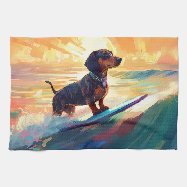 Paño De Cocina Pintura de surf en la playa de Dachshund (Horizontal)