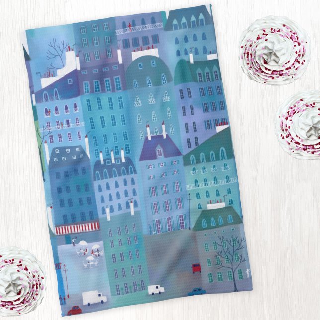 Paño De Cocina Pintura del paisaje urbano de París en azul (Paris France blue art kitchen tea towel)