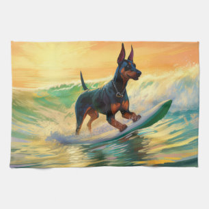 Paño De Cocina Pintura Doberman Beach Surfing