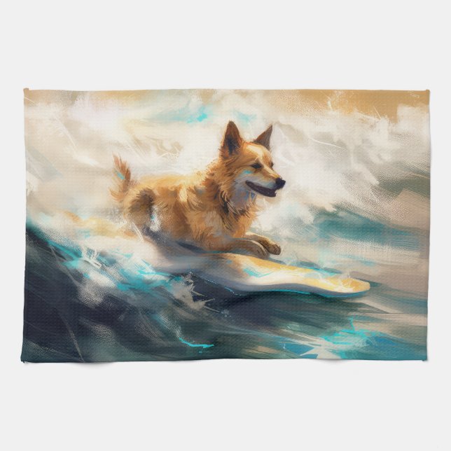 Paño De Cocina Pintura finlandesa de Lapphund Beach Surfing (Horizontal)
