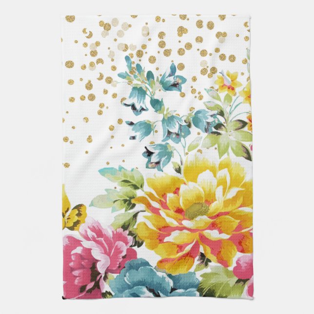 Paño De Cocina pintura floral acuarela y dibujos de confeti dorad (Vertical)