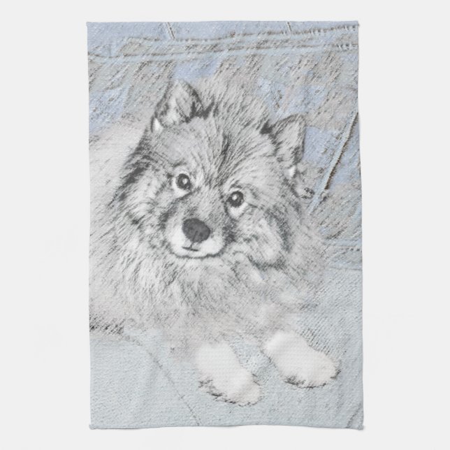 Paño De Cocina Pintura Keeshond Beth - Arte Perro Original. (Vertical)