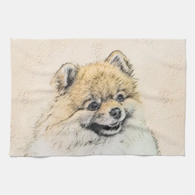 Paño De Cocina Pintura Pomerania (Naranja) - Arte Perro Original (Horizontal)