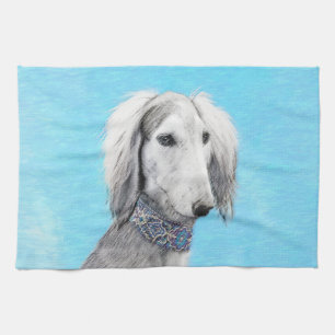 Paño De Cocina Pintura Saluki (plateada) - Arte Perro Original.