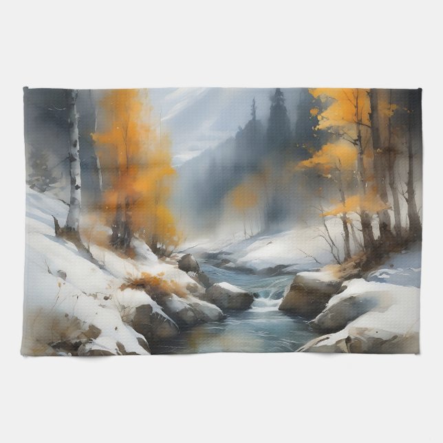 Paño De Cocina Pintura serena del paisaje de los ríos de invierno (Horizontal)