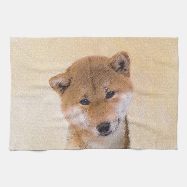 Paño De Cocina Pintura Shiba Inu (roja) - Arte Perro Original (Horizontal)