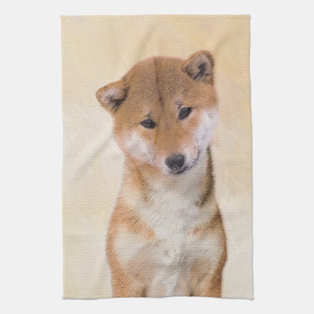 Paño De Cocina Pintura Shiba Inu (roja) - Arte Perro Original (Vertical)