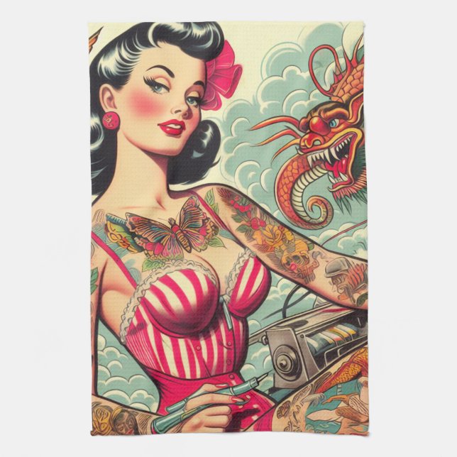 Paño De Cocina Pinza de tatuaje de la vieja escuela (Vertical)