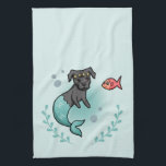Paño De Cocina Pitbull de la sirena<br><div class="desc">Éste es un ilustracion del vector de un pitbull de la sirena y de su pequeño amigo de los pescados. El perro de la sirena tiene una corona de la estrella en su cabeza. Hay una guirnalda de la alga marina en la parte inferior.</div>