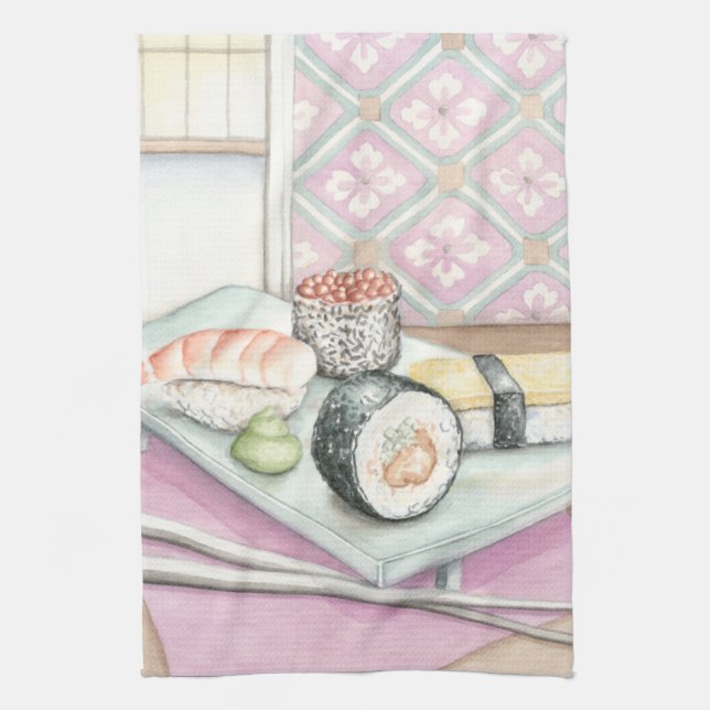 Paño De Cocina Placa de sushi surtido con palillos (Vertical)