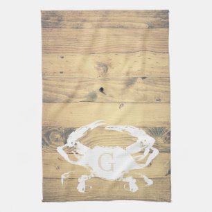 Paño De Cocina Placas de madera costera y cangrejo blanco   Monog