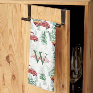 Paño De Cocina Plaid de Búfalo de Acuarela Camión Vintage Navidad