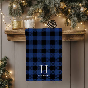 Paño De Cocina Plaid de Búfalo Negro Azul Monograma Vacaciones
