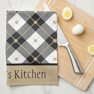 Paño De Cocina Plaid de Buffalo a medida Negro Blanco Dorado