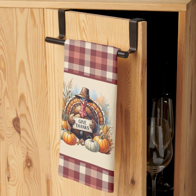Paño De Cocina Plaid Gratitude – Thanksgiving Turkey with Pumpkin (Pliegue de tercios)