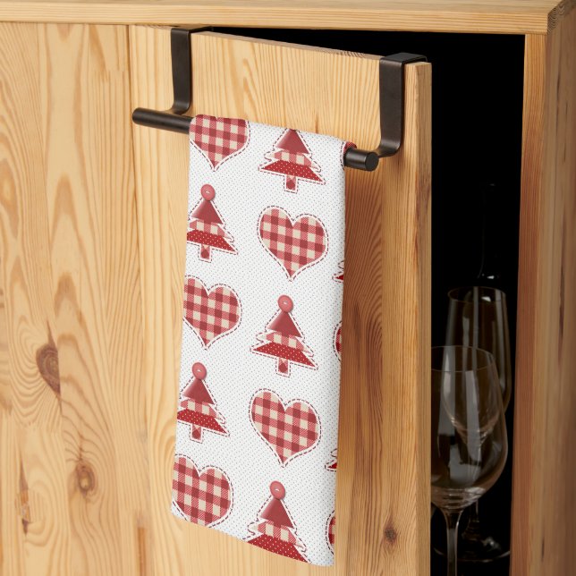 Paño De Cocina Plaid Red Christmas Trees and Hearts Pattern (Pliegue de tercios)