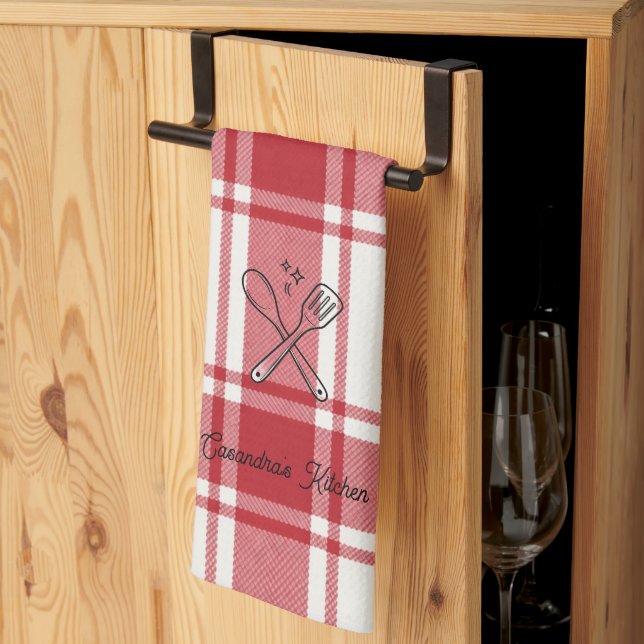 Paño De Cocina Plaid Red & White Custom Name Gift (Pliegue de tercios)