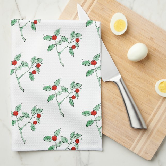 Paño De Cocina planta de bayas rojas (Doblado Cuarto)
