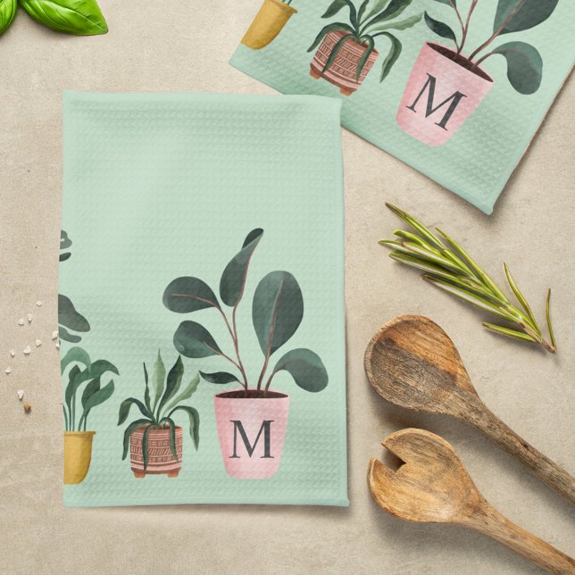 Paño De Cocina Planta Moda de Lover Agua Plantas Potadas Monogram (Plant Lover Chic Watercolor Potted Plants Monogram Kitchen Towel)