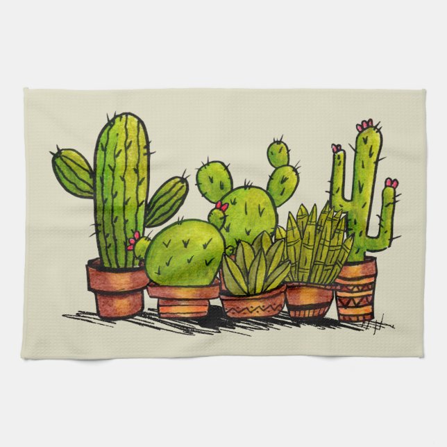 Paño De Cocina Plantas de cactus verde acuarela (Horizontal)