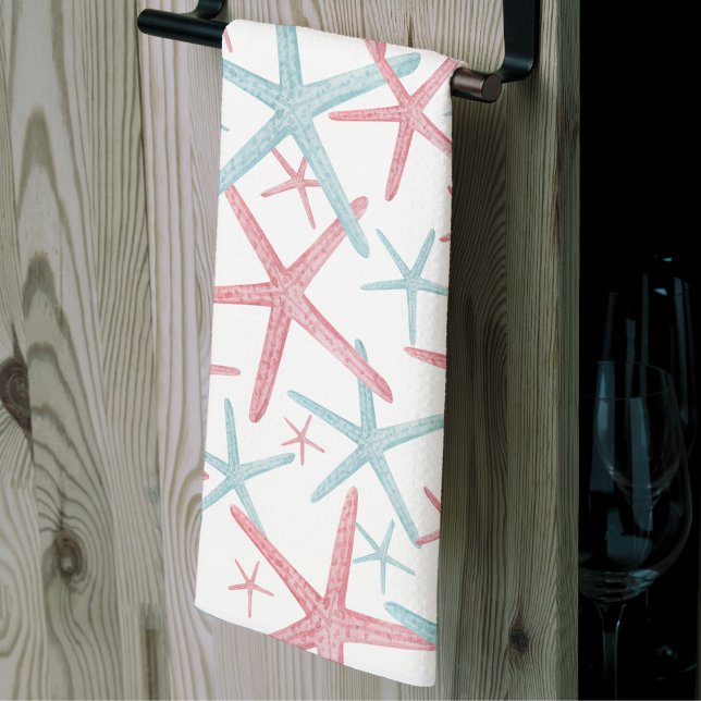 Paño De Cocina Playa elegante de pescados estelares de verano (Summer Teal Pink Nautical Starfish Beach House Kitchen Towel)