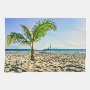 Paño De Cocina Playas tropicales   Barco de vela, palmera, Aruba
