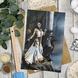 Paño De Cocina Poderosa Hechicera de Fantasía Guardiana del Dragó