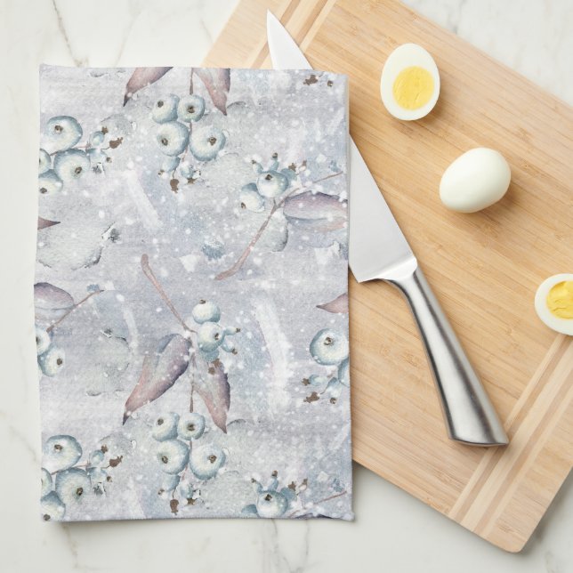 Paño De Cocina Poinsettia acuarela, bayas, nieve, cocina (Doblado Cuarto)