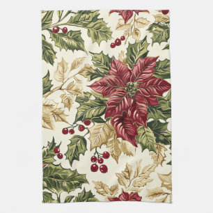 Paño De Cocina Poinsettia de Navidad de Champán Carmesí Acebo