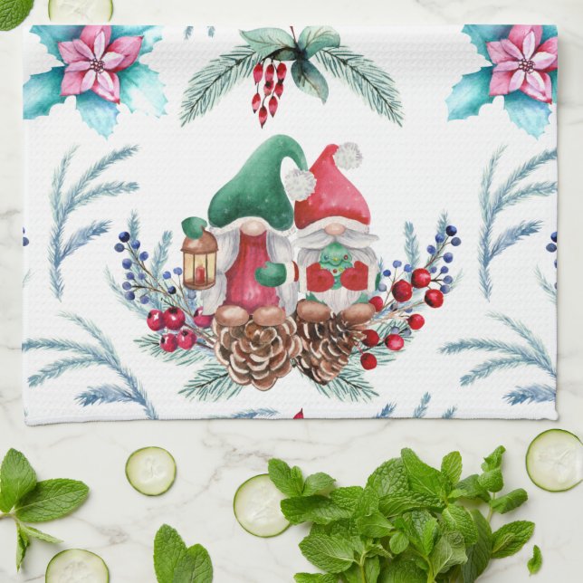 Paño De Cocina Poinsettia y Gnomes (Doblado)