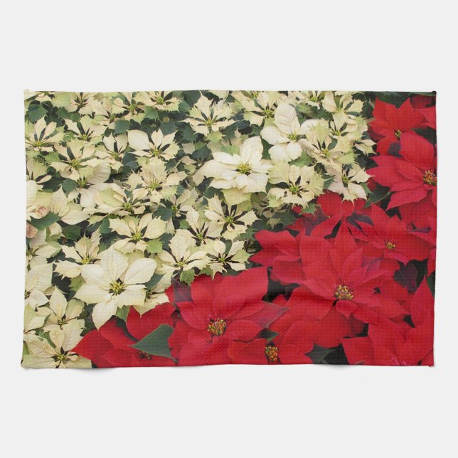Paño De Cocina Poinsettias blancas y rojas con flores (Horizontal)