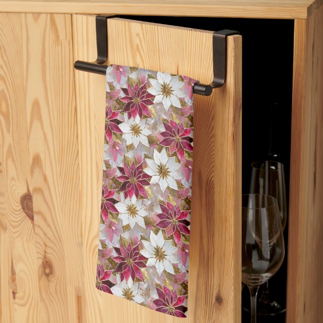 Paño De Cocina Poinsettias de Navidades rosados de oro blanco (Pliegue de tercios)