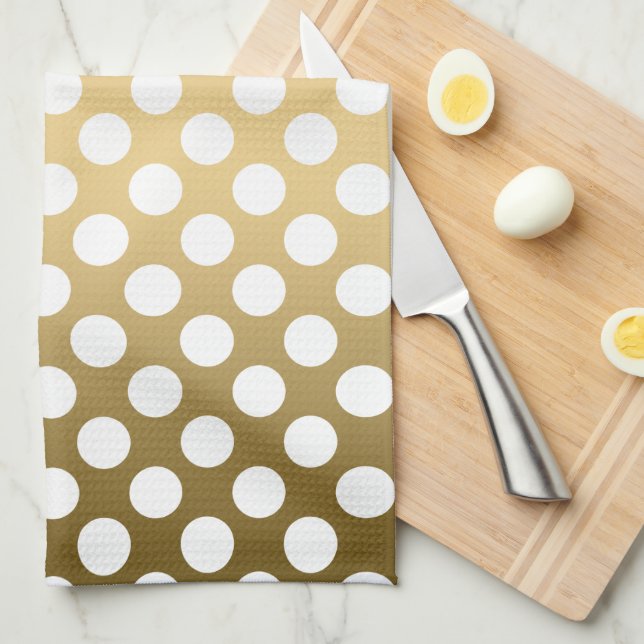 Paño De Cocina Polkadot blanco sobre fondo de oro (Doblado Cuarto)