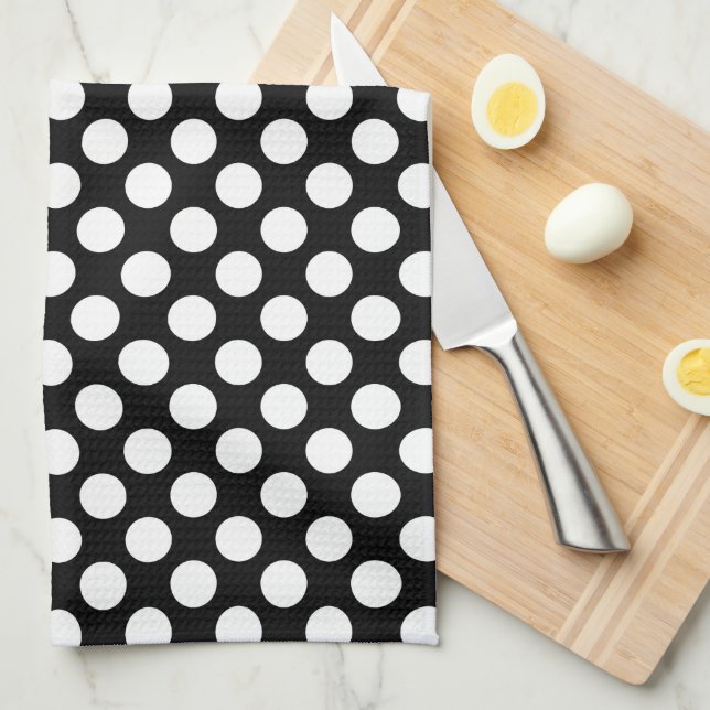 Paño De Cocina Polkadot blanco sobre fondo negro 2 (Doblado Cuarto)