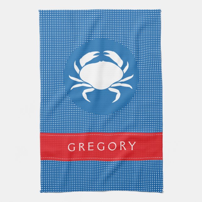 Paño De Cocina Polkadot blanco y azul Ilustracion de cangrejo mar (Vertical)