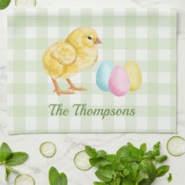 Paño De Cocina Pollito y huevos al aguarela sobre verde con nombr