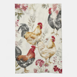Paño De Cocina Pollos de Granja y Diseño de Patrón Botánico