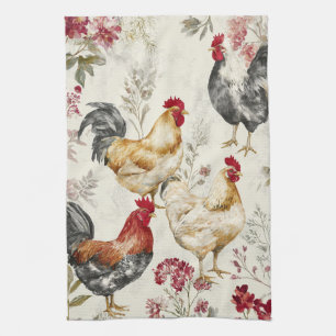 Paño De Cocina Pollos de Granja y Diseño de Patrón Botánico
