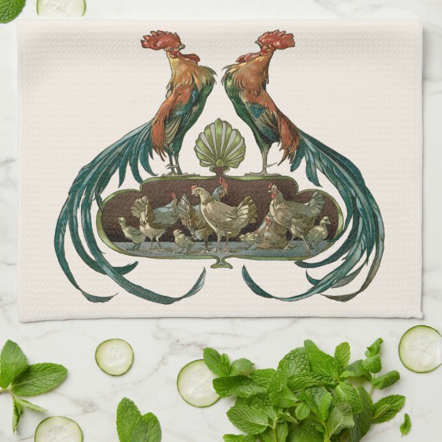 Paño De Cocina Pollos y gallos de estilo Art Nouveau (Doblado)