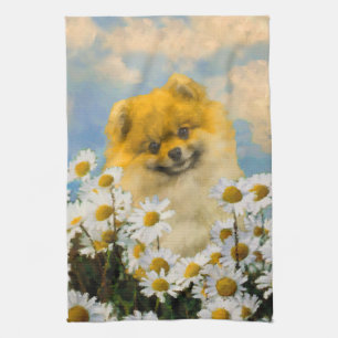 Paño De Cocina Pomerania en pintura de Daisies - Arte de perro or