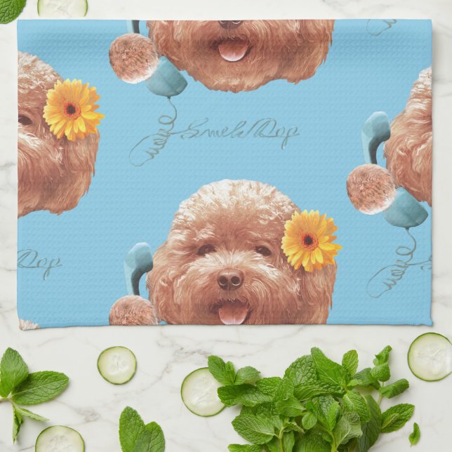 Paño De Cocina Poodle de juguetes con flores y Ilustracion de tel (Doblado)