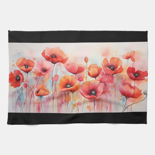 Paño De Cocina Poppies rojos en una acuarela de campo (Horizontal)